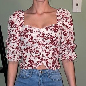 Zara White and Red Floral Puff Sleeve Cropped Blouse